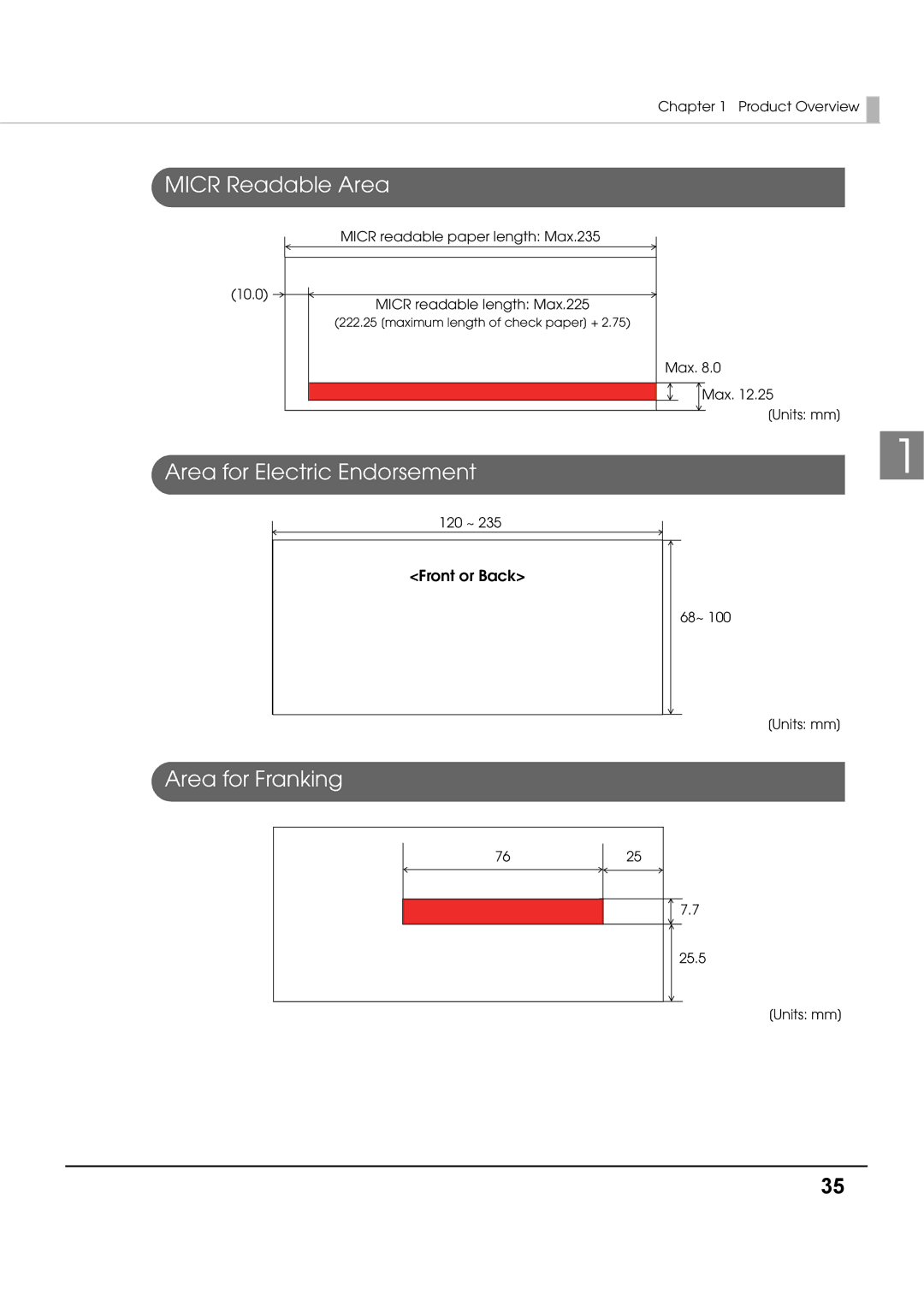 Epson TM-S1000 specifications Micr Readable Area, Area for Electric Endorsement, Area for Franking, Front or Back 