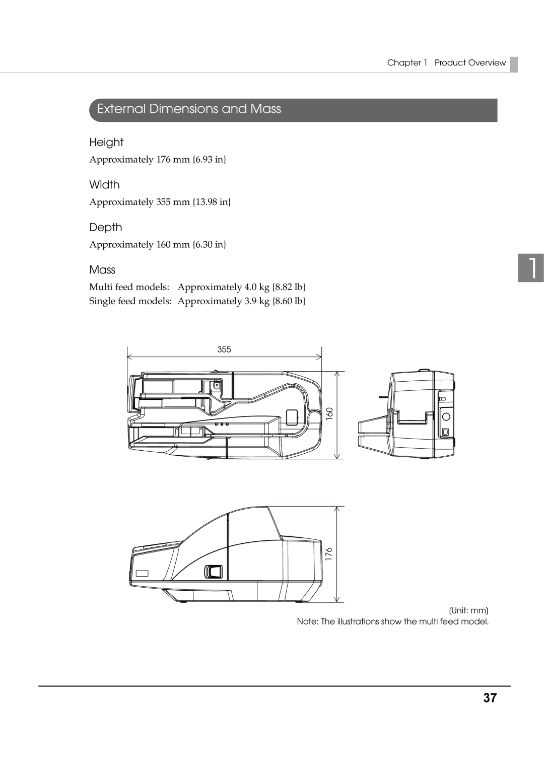 Epson TM-S1000 specifications External Dimensions and Mass 