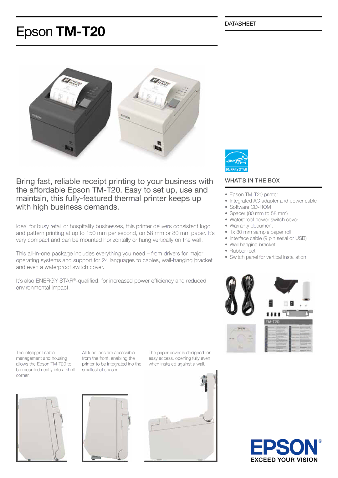 Epson warranty Epson TM-T20, Datasheet, WHAT’S in the BOX 