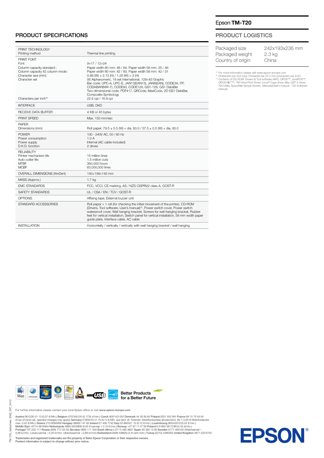 Epson TM-T20 warranty Product Specifications, Product Logistics 