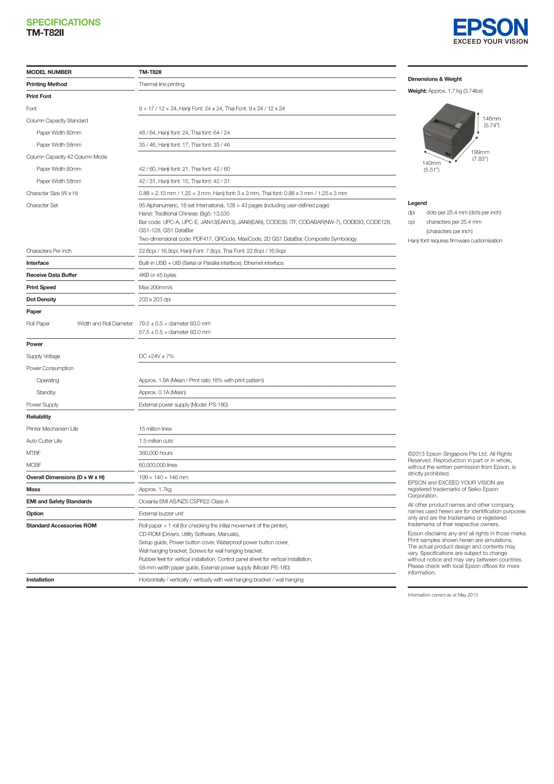 Epson manual Specifications TM-T82II, Model Number TM-T82II 