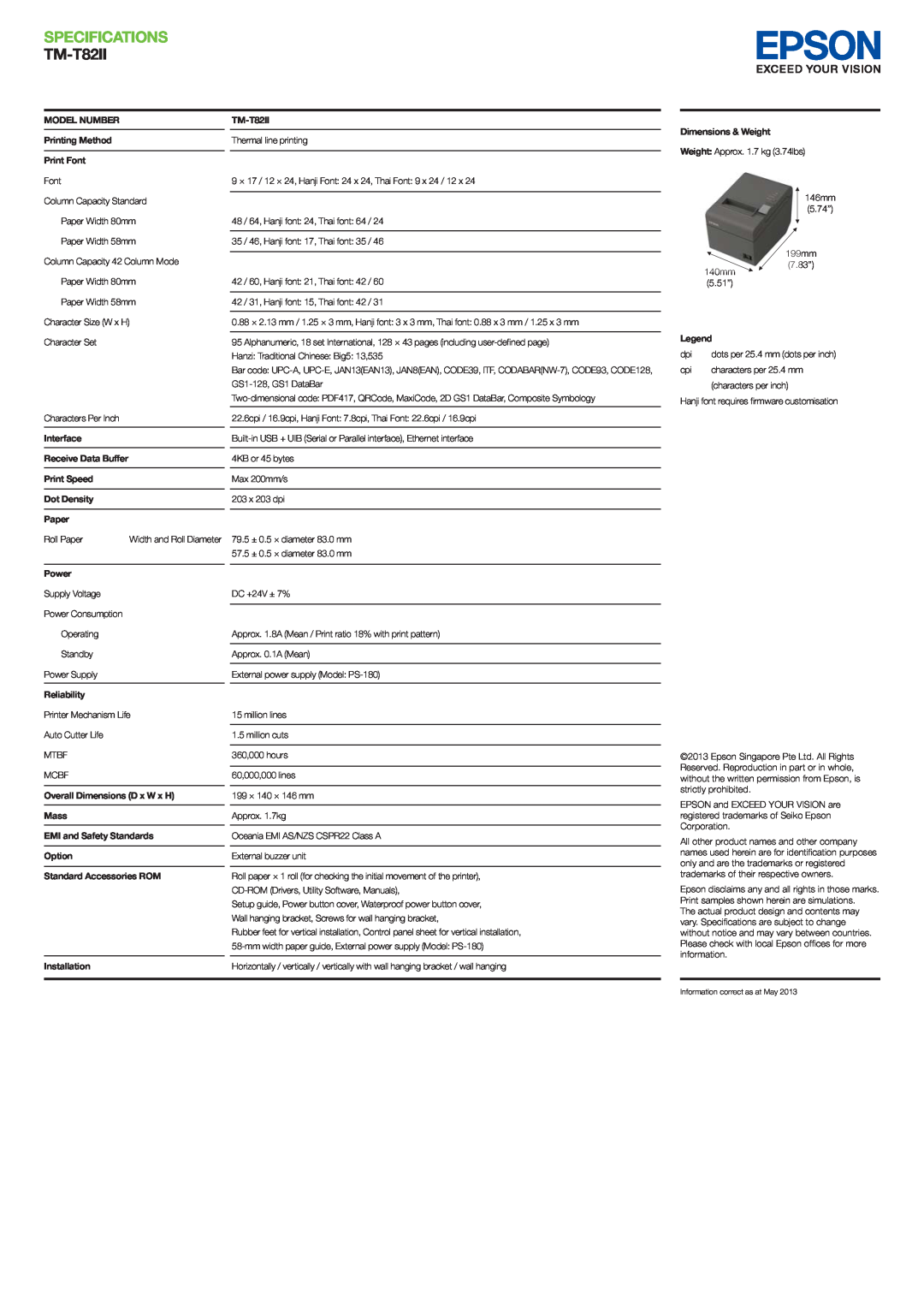 Epson manual SPECIFICATIONS TM-T82II 