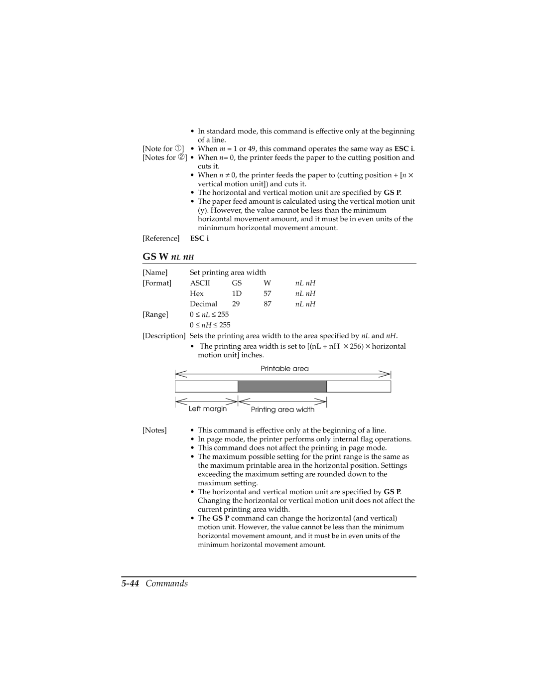 Epson TM-T85P manual GS W nL nH, 44Commands 