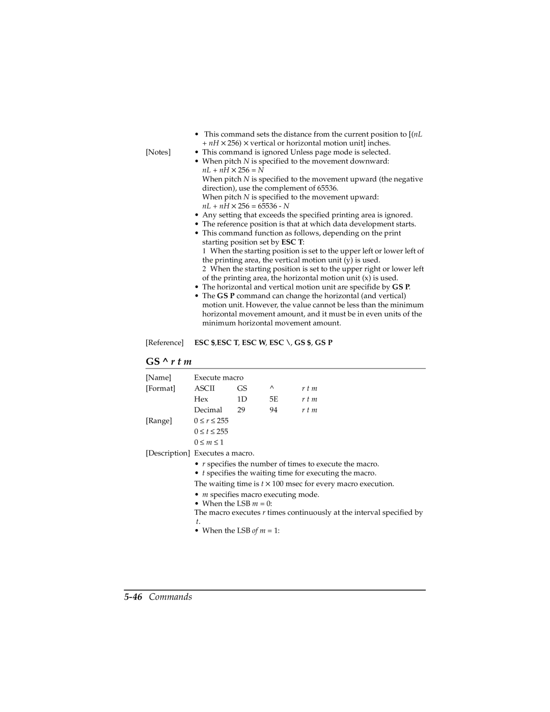 Epson TM-T85P manual GS r t m, 46Commands 