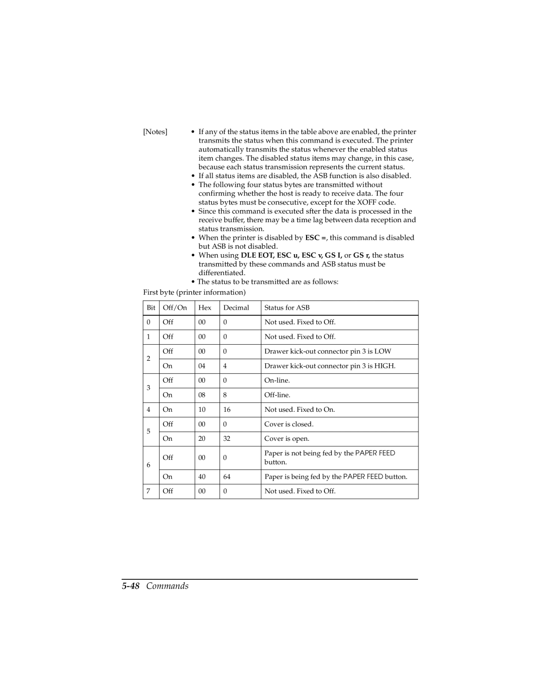 Epson TM-T85P manual 48Commands, When using DLE EOT, ESC u, ESC v, GS I, or GS r, the status 