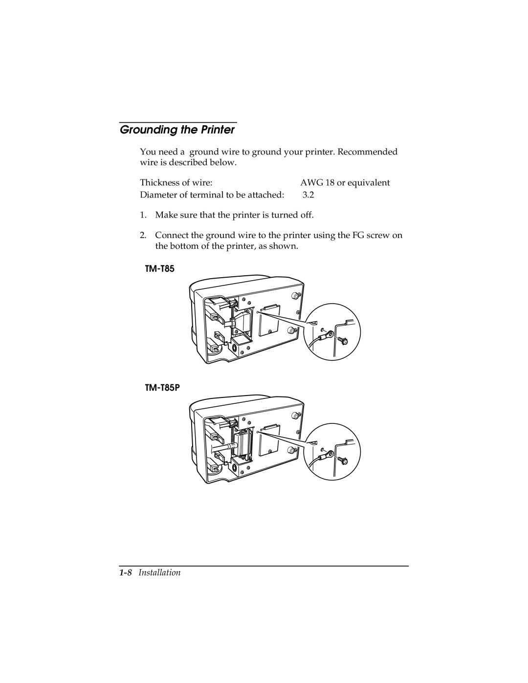 Epson TM-T85P manual Grounding the Printer, 8Installation 