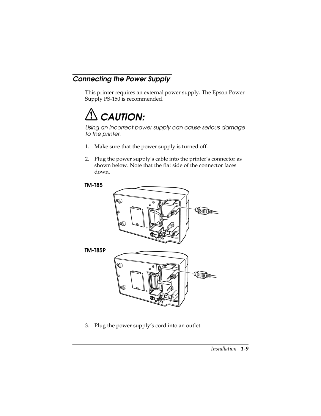 Epson TM-T85P manual Connecting the Power Supply 