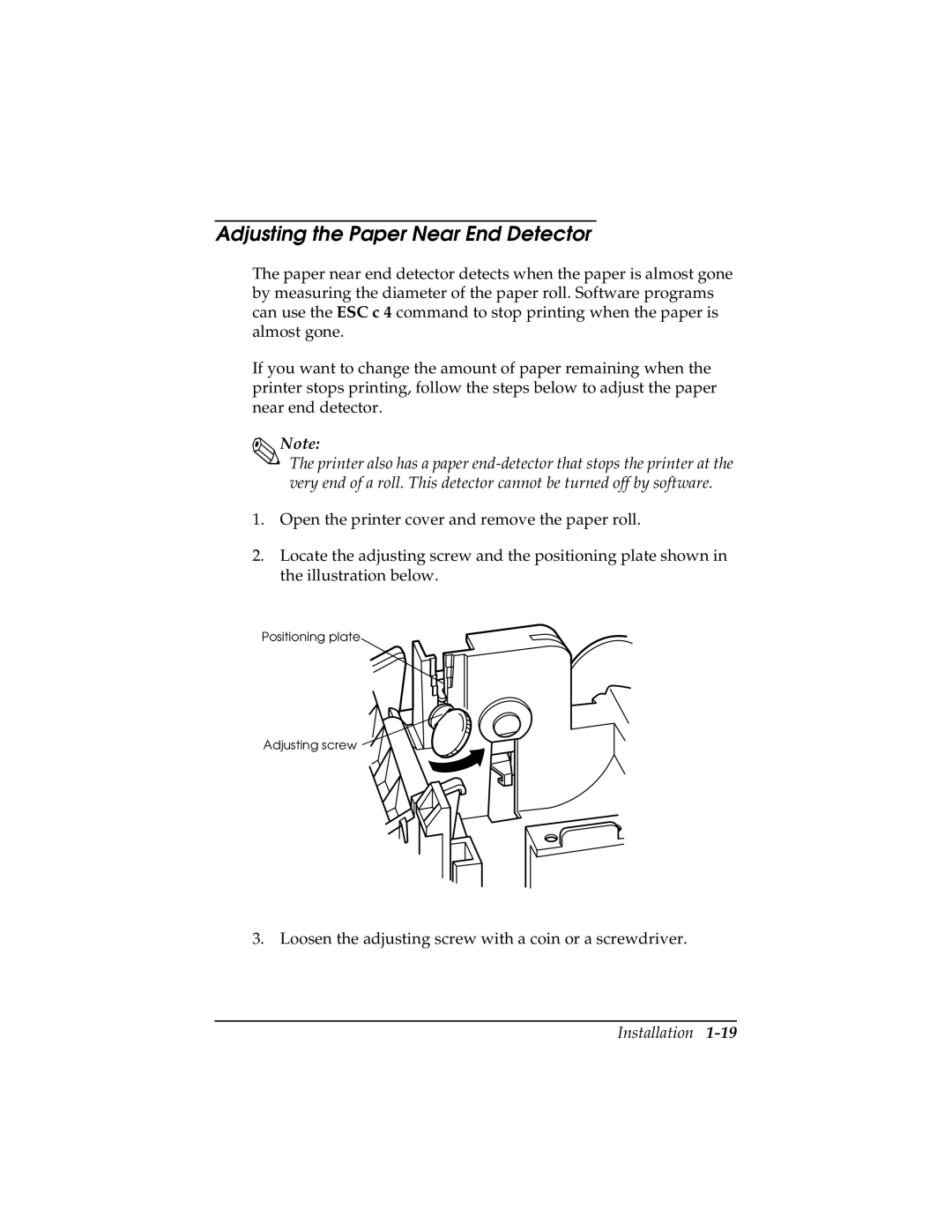 Epson TM-T85P manual Adjusting the Paper Near End Detector 