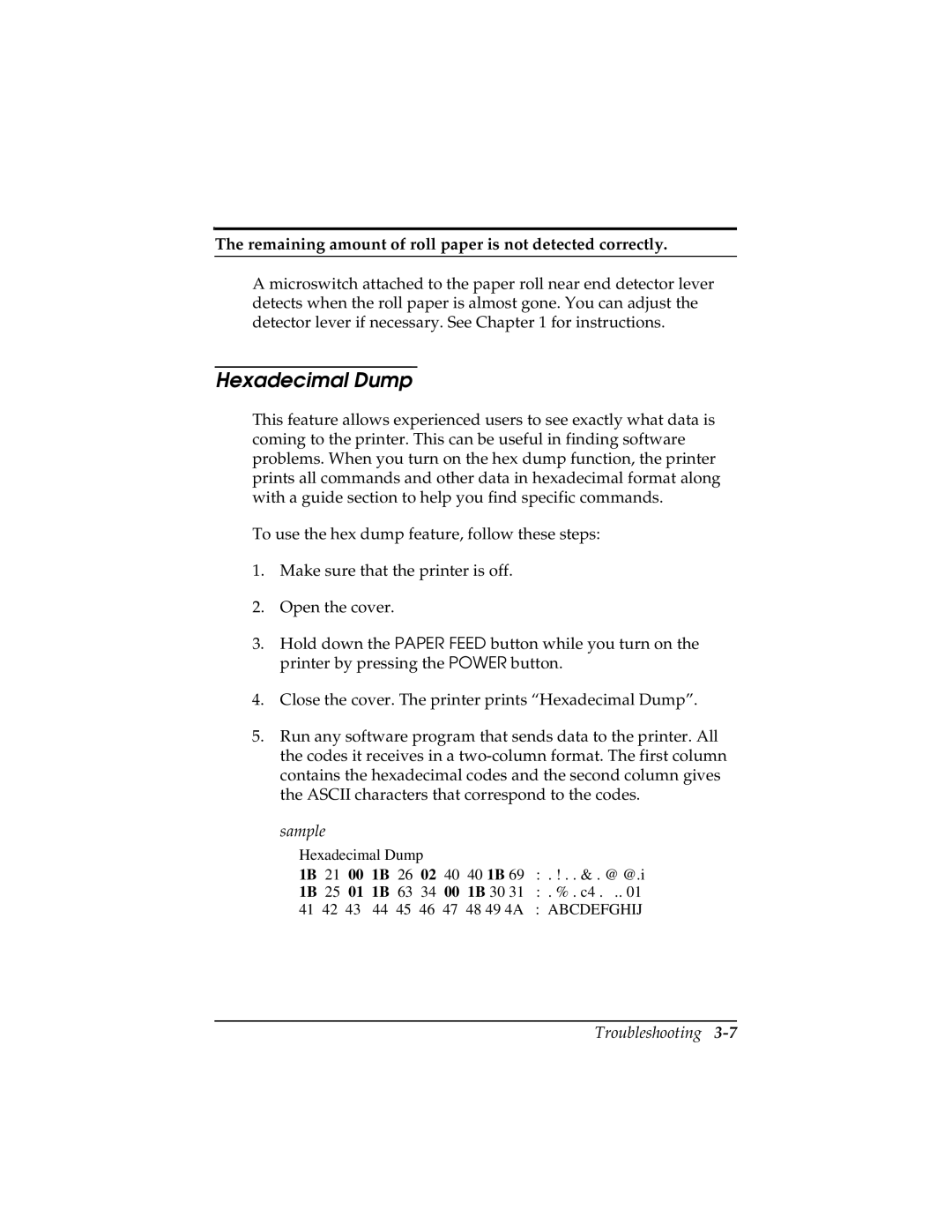 Epson TM-T85P manual Hexadecimal Dump, Sample 