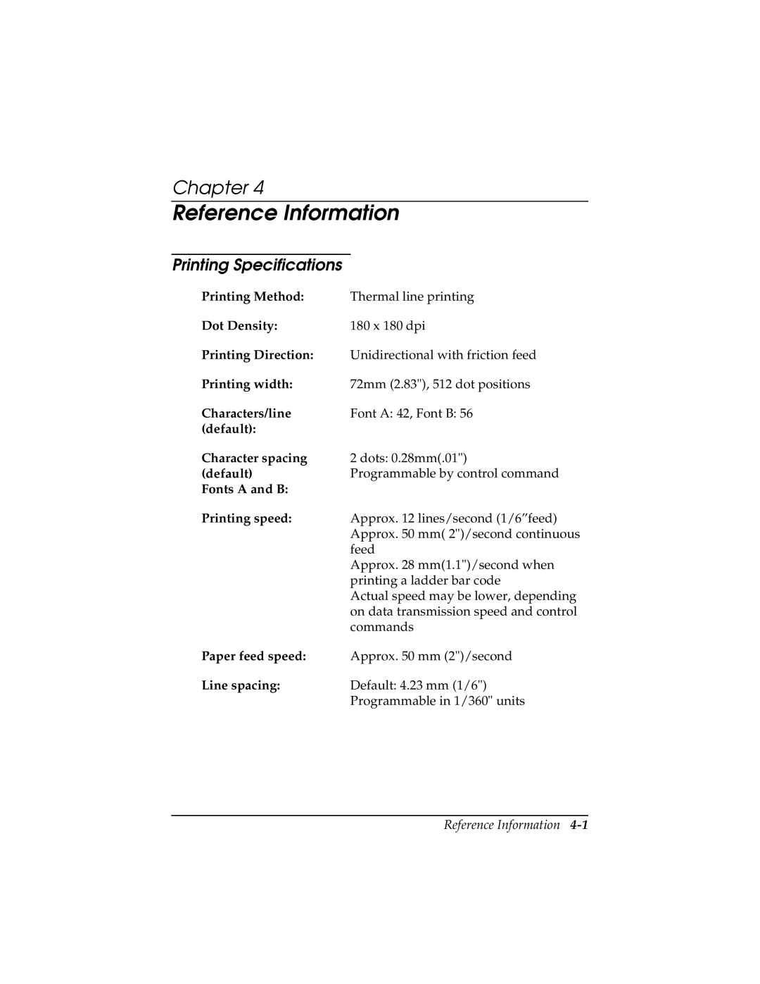 Epson TM-T85P manual Printing Specifications, Reference Information 