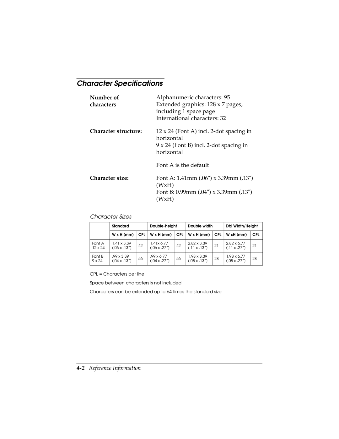 Epson TM-T85P manual Character Specifications, 2Reference Information 