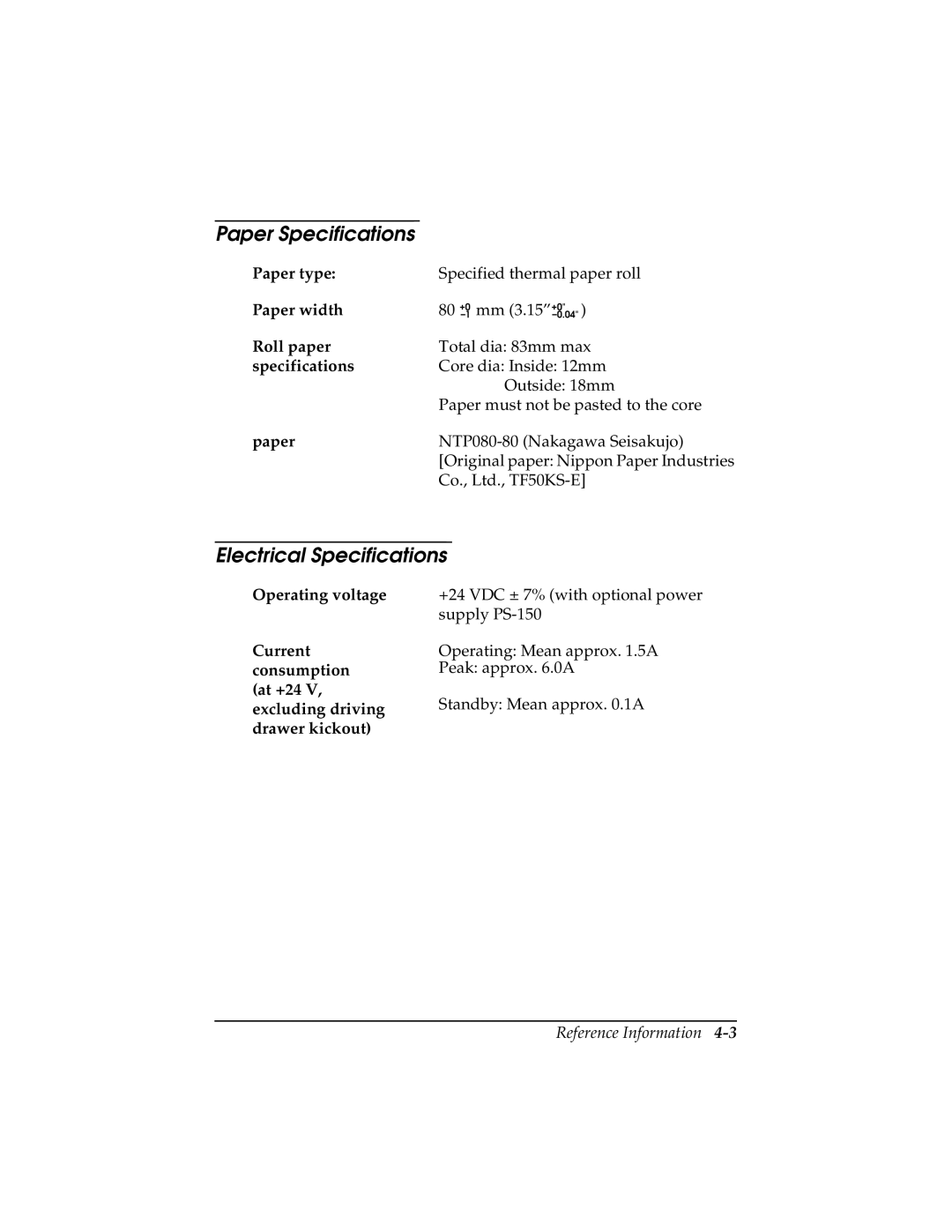 Epson TM-T85P manual Paper Specifications, Electrical Specifications 