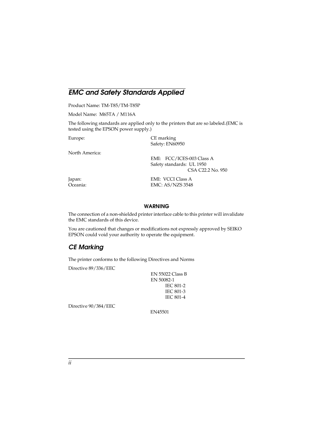 Epson TM-T85P manual EMC and Safety Standards Applied, CE Marking 