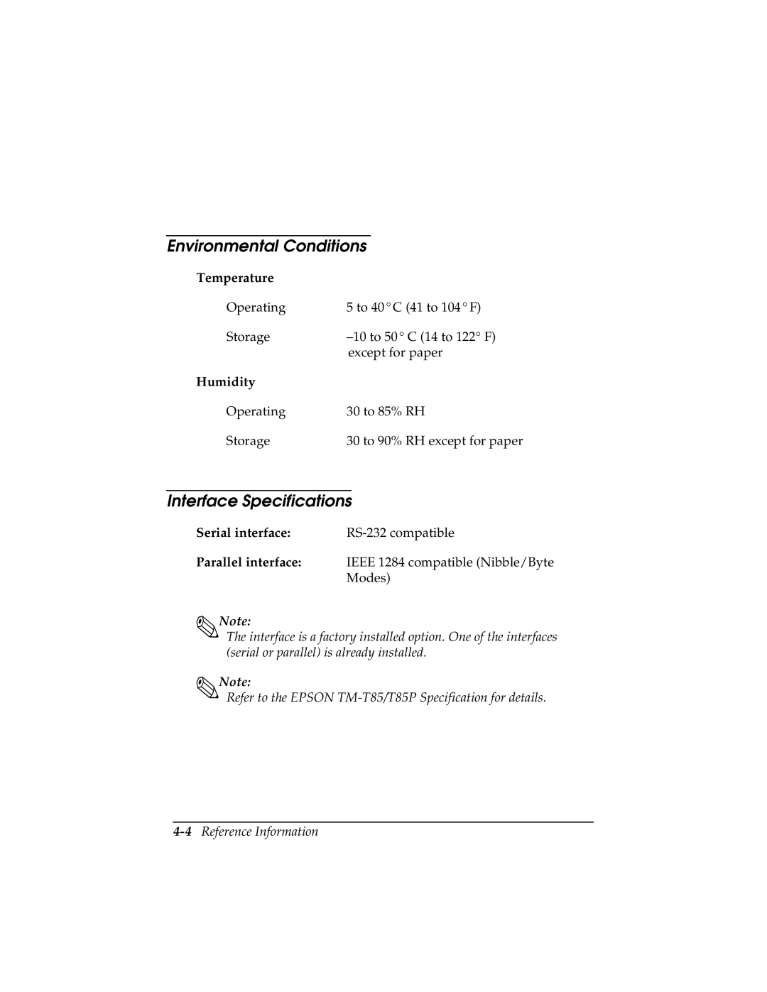 Epson TM-T85P manual Environmental Conditions, Interface Specifications 