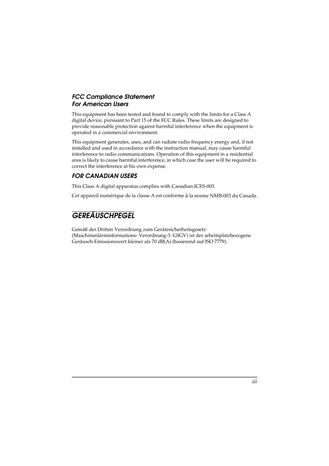 Epson TM-T85P manual FCC Compliance Statement For American Users, Iii 