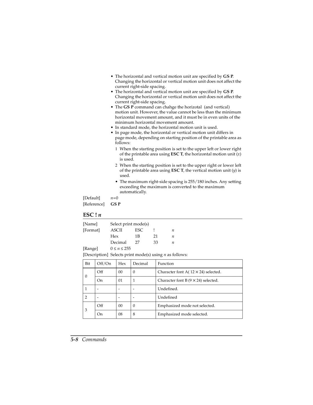 Epson TM-T85P manual ESC ! n, 8Commands 