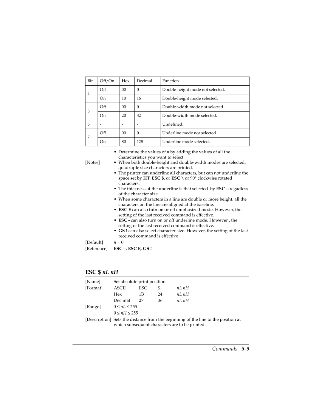 Epson TM-T85P manual ESC $ nL nH 