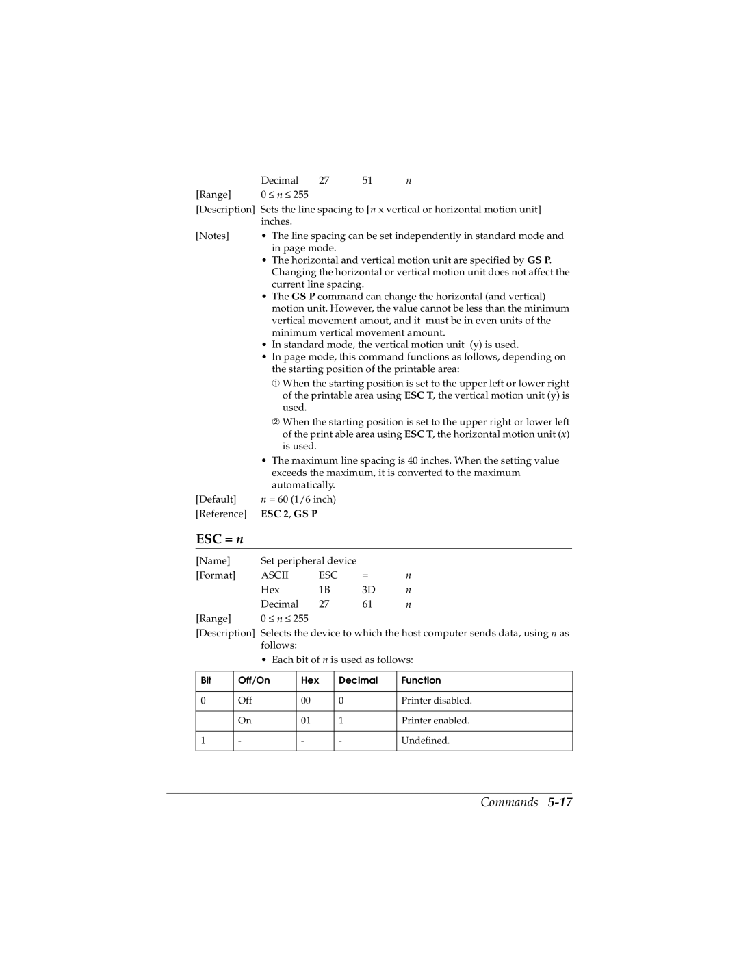 Epson TM-T85P manual ESC = n 