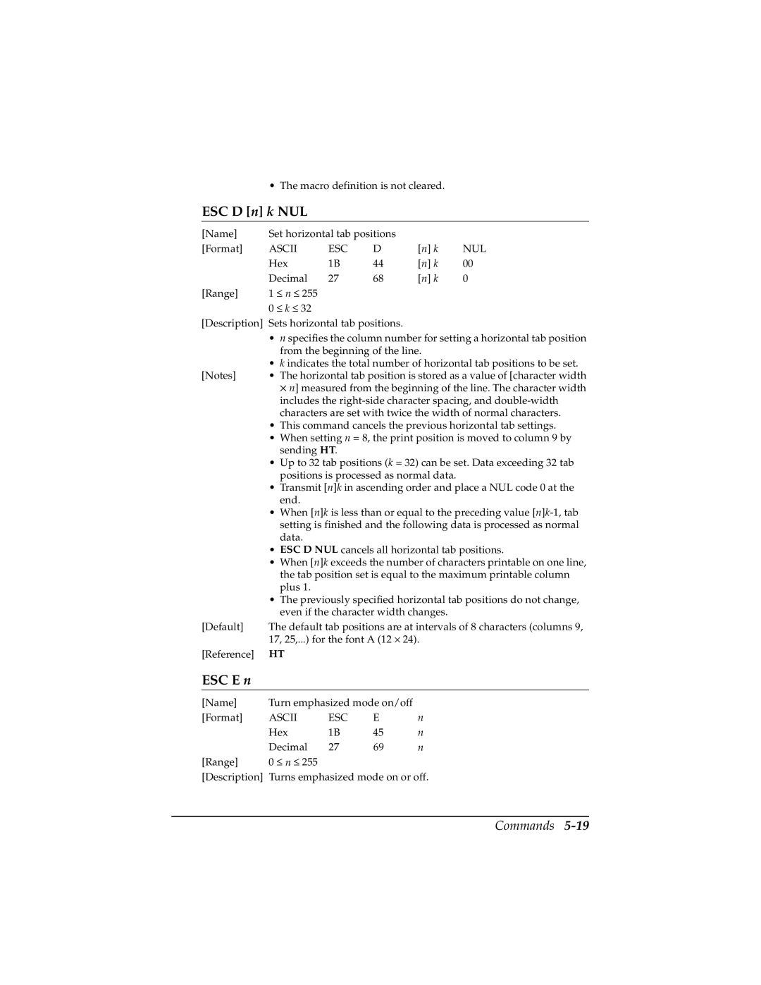 Epson TM-T85P manual ESC D n k NUL, ESC E n 