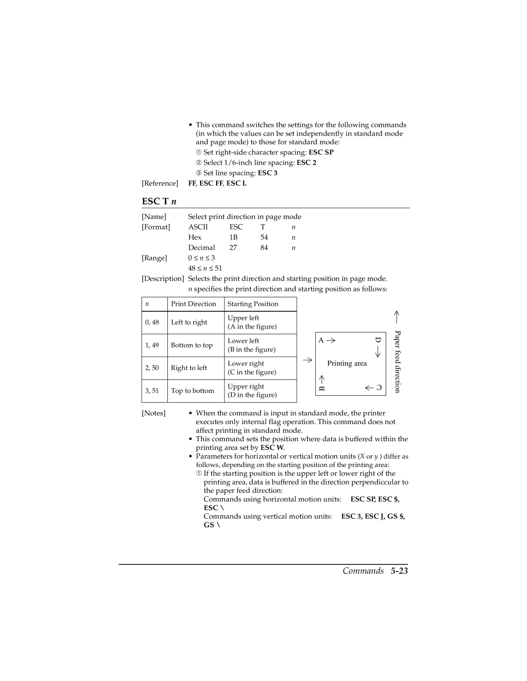 Epson TM-T85P manual ESC T n, Paper feed direction 