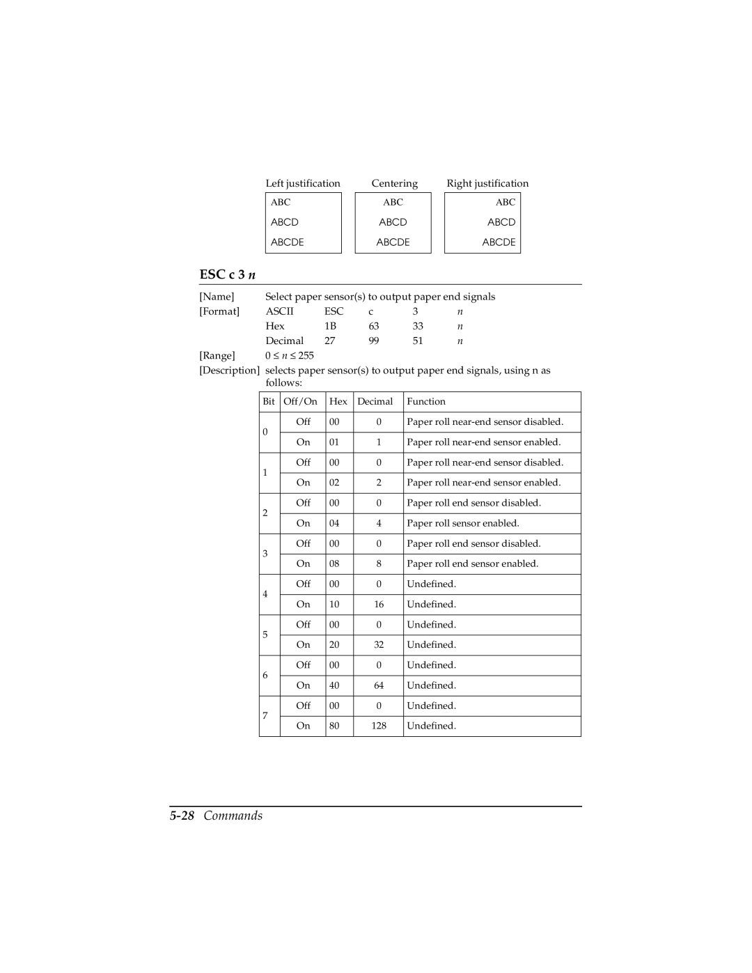 Epson TM-T85P manual ESC c 3 n, 28Commands 