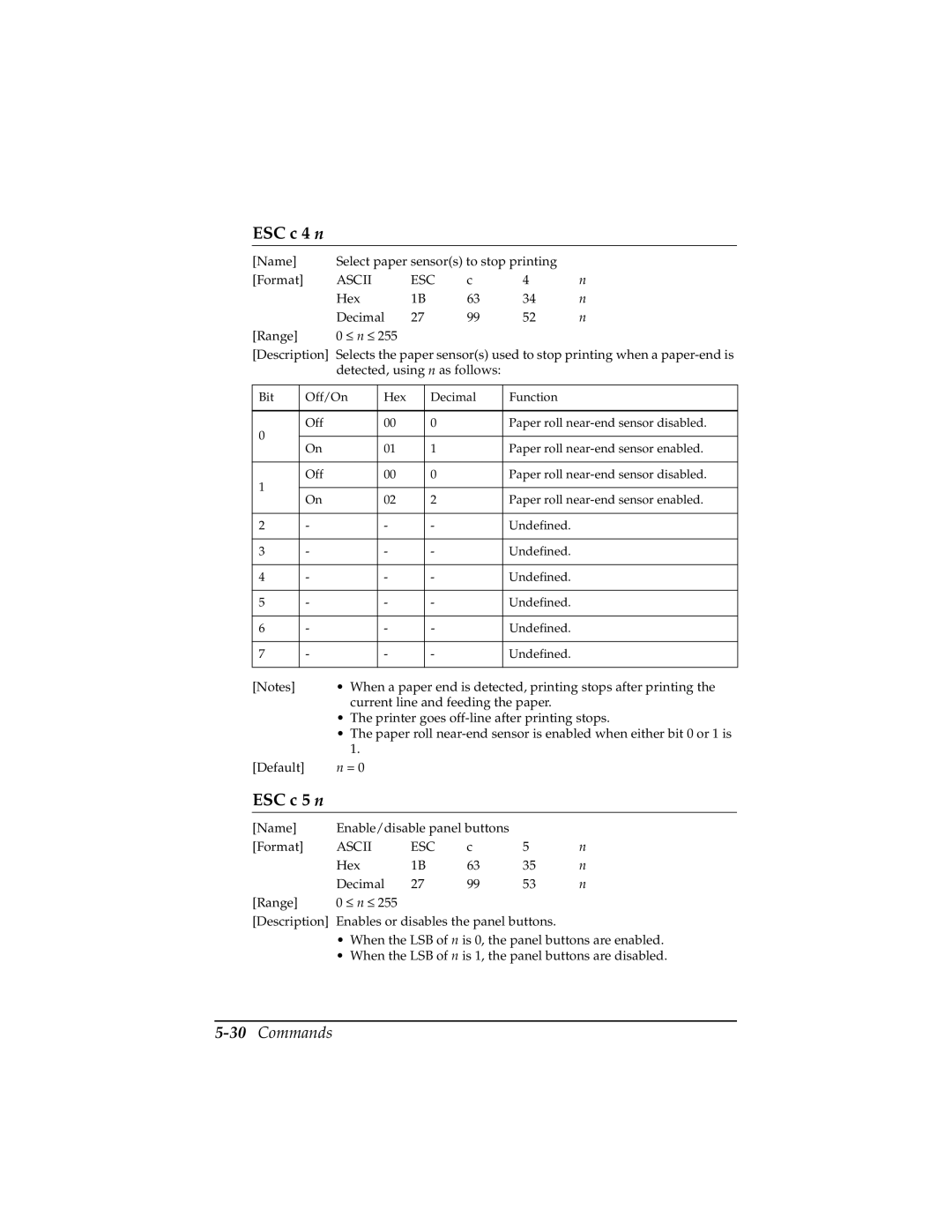 Epson TM-T85P manual ESC c 4 n, ESC c 5 n, 30Commands 