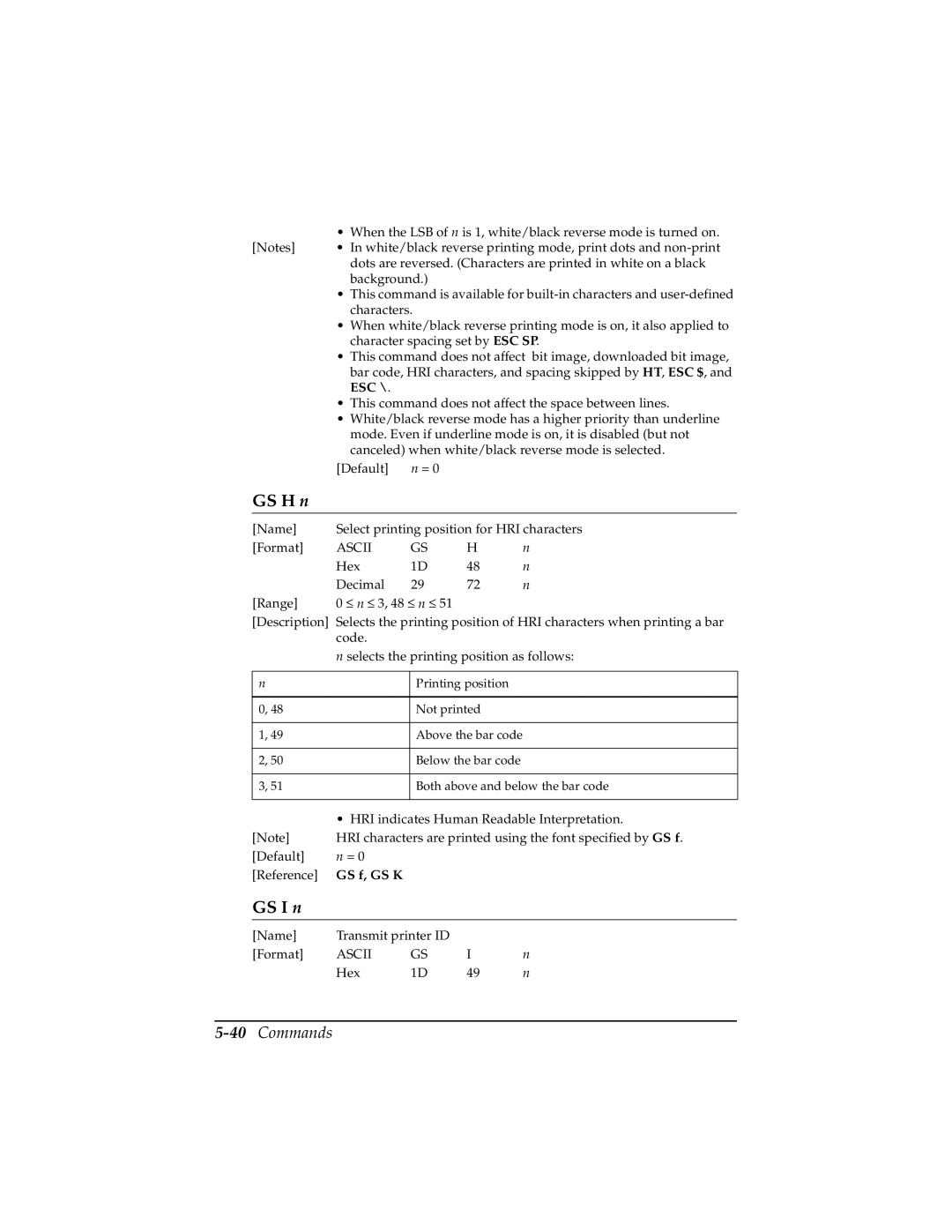 Epson TM-T85P manual GS H n, 40Commands 