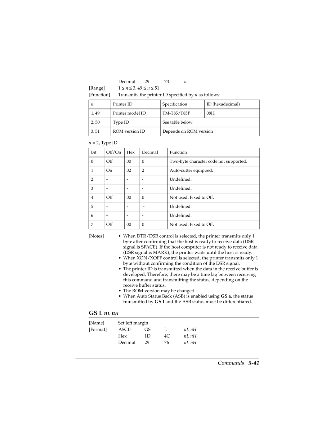 Epson TM-T85P manual GS L nL nH 