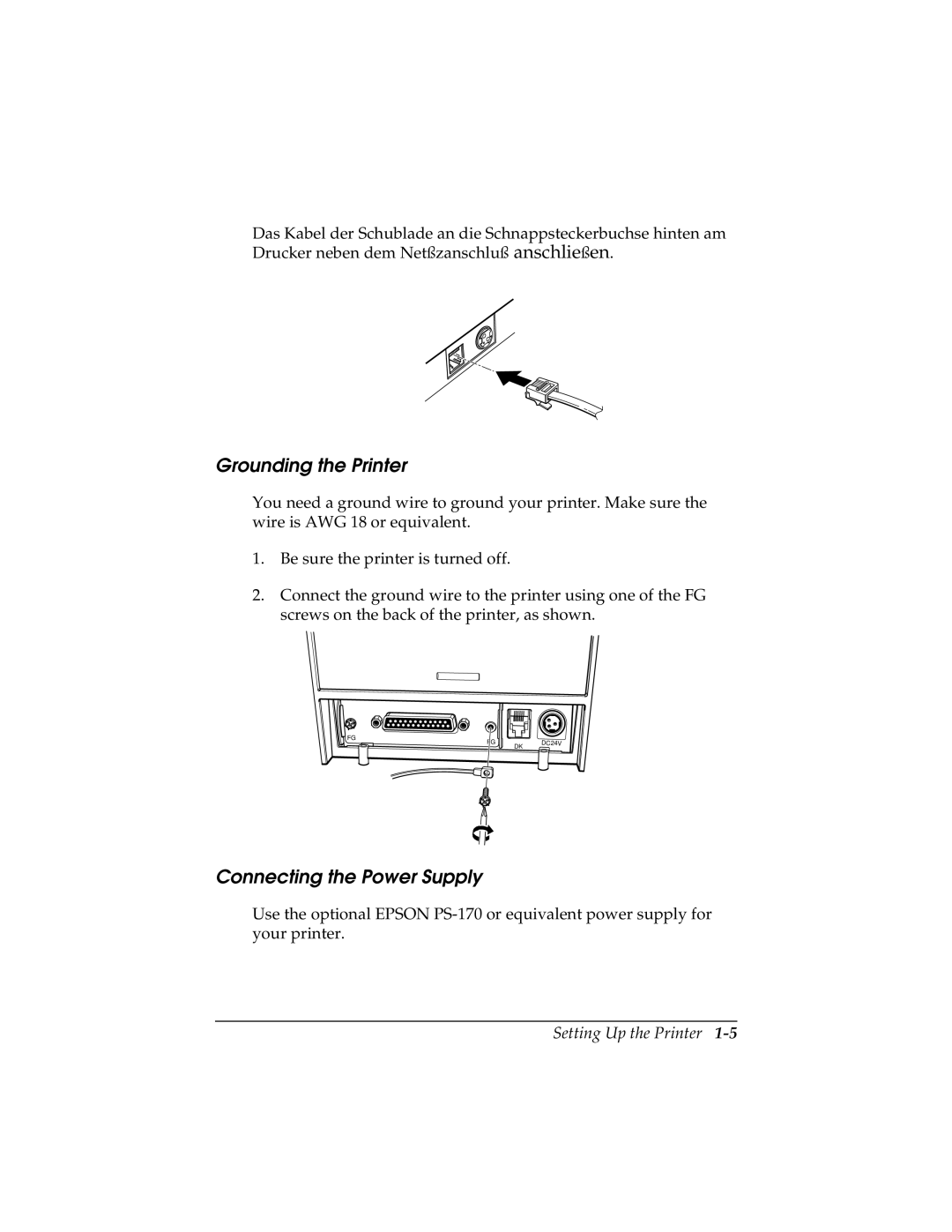 Epson TM-T88II user manual Grounding the Printer, Connecting the Power Supply 