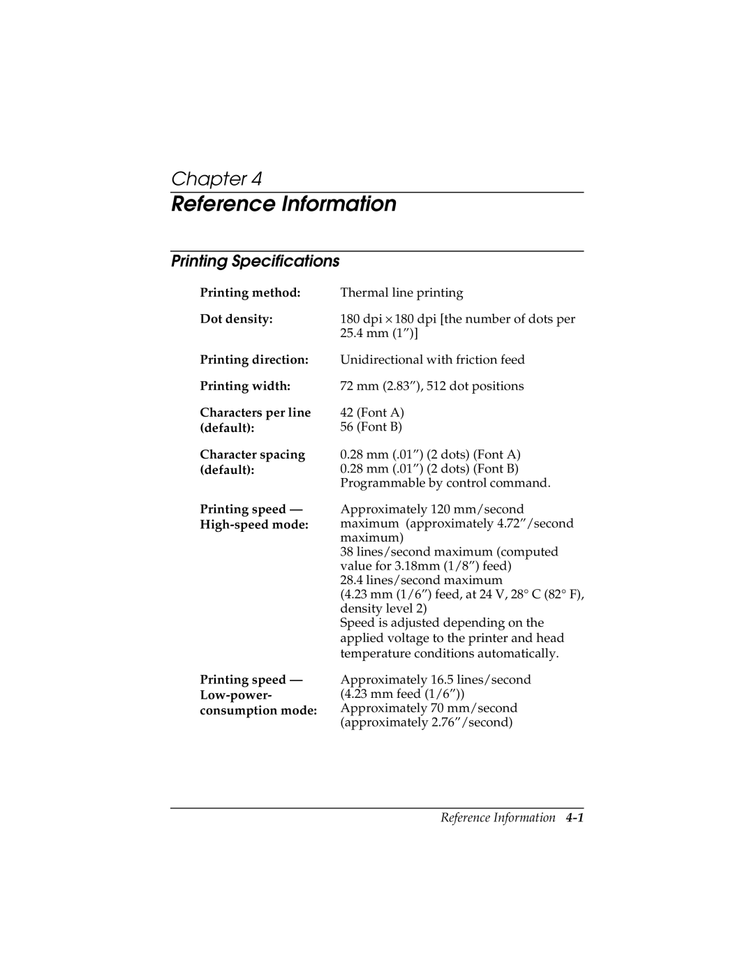 Epson TM-T88II user manual Reference Information, Printing Specifications 