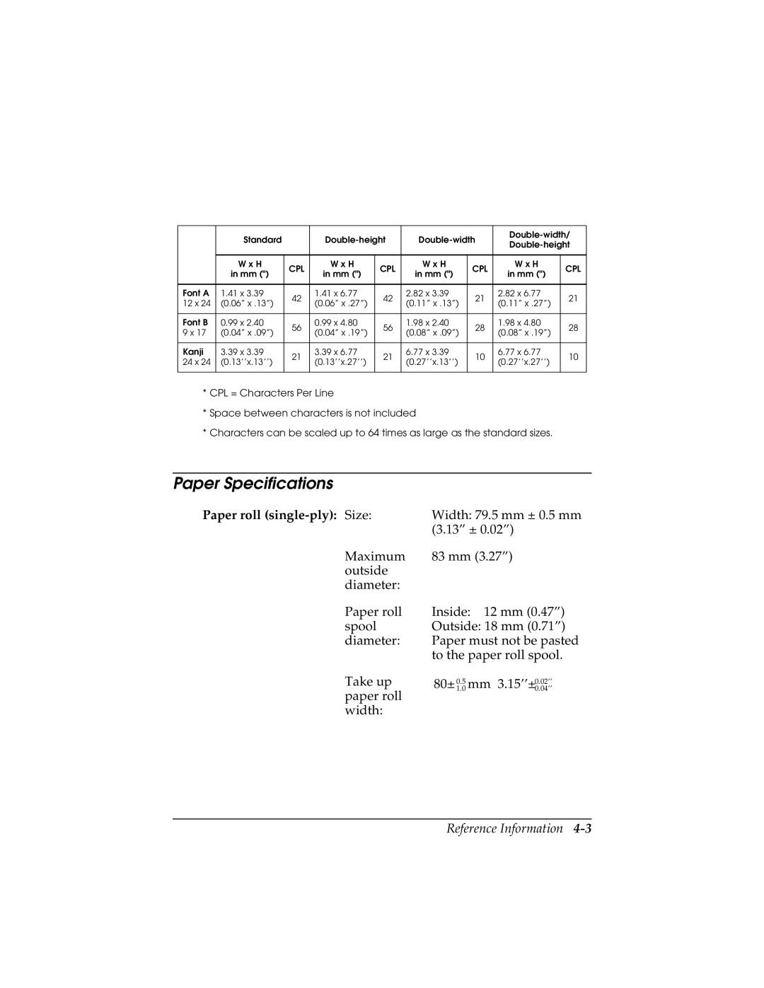 Epson TM-T88II user manual Paper Specifications, Paper roll single-ply Size 