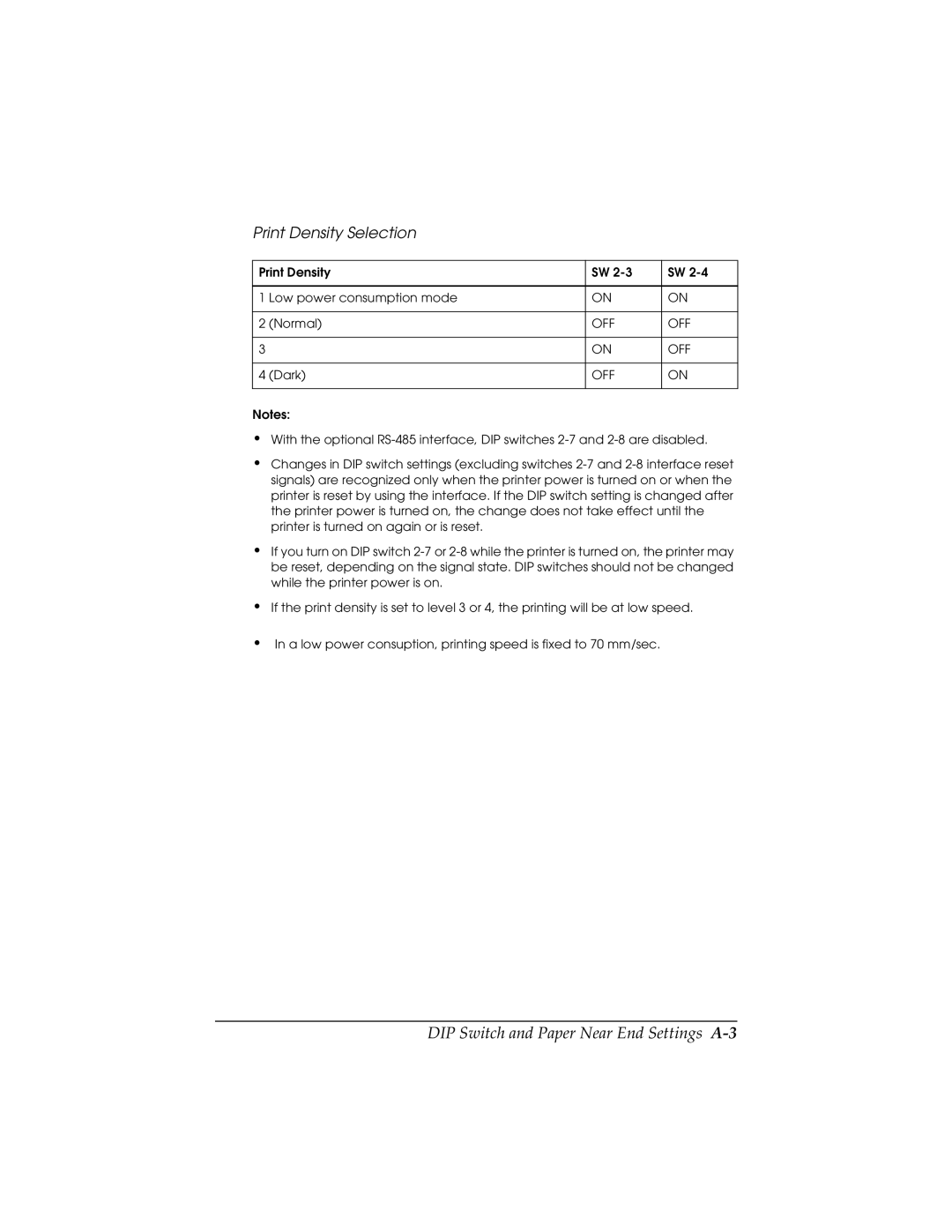 Epson TM-T88II user manual DIP Switch and Paper Near End Settings A-3, Print Density Selection 