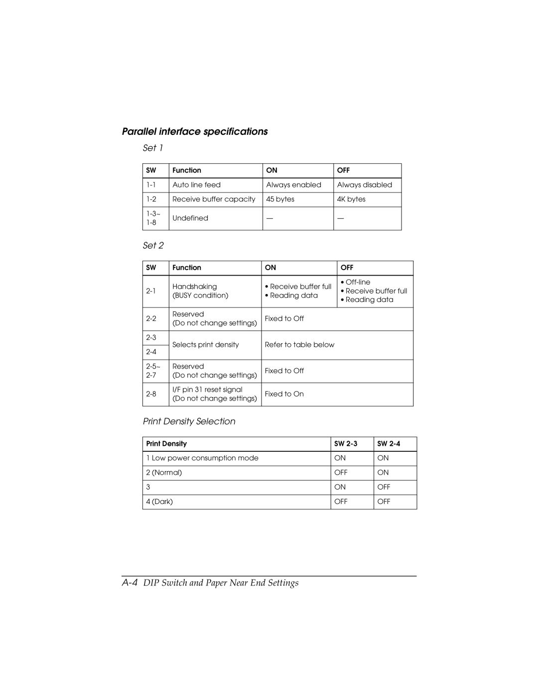 Epson TM-T88II user manual Parallel interface specifications, 4DIP Switch and Paper Near End Settings 