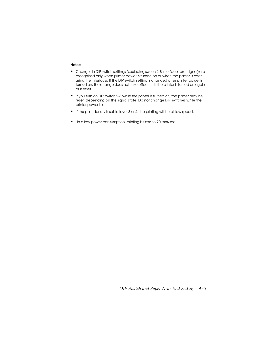 Epson TM-T88II user manual DIP Switch and Paper Near End Settings A-5 