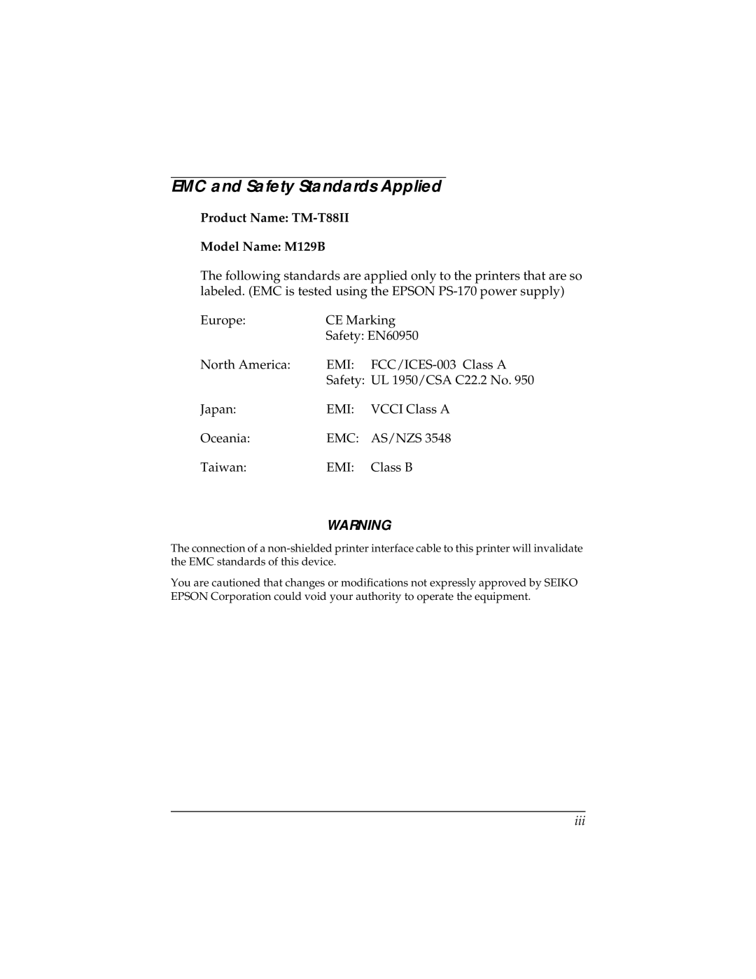 Epson user manual EMC and Safety Standards Applied, Product Name TM-T88II Model Name M129B, Iii 