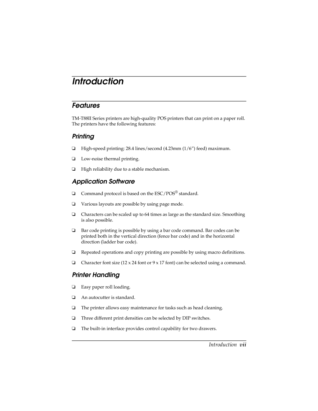 Epson TM-T88II user manual Introduction, Features, Printing, Application Software, Printer Handling 