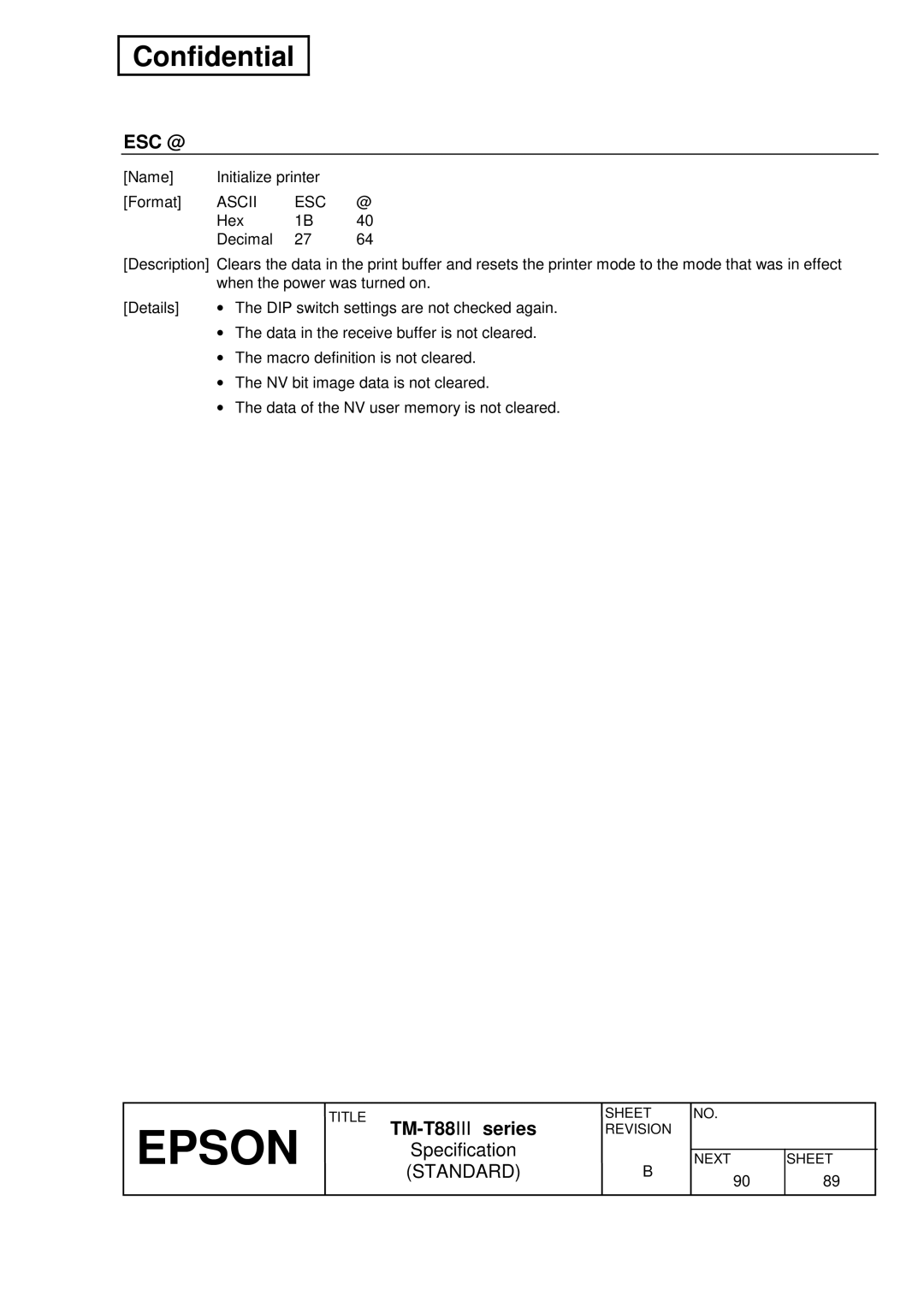 Epson TM-T88III Series specifications Esc @ 