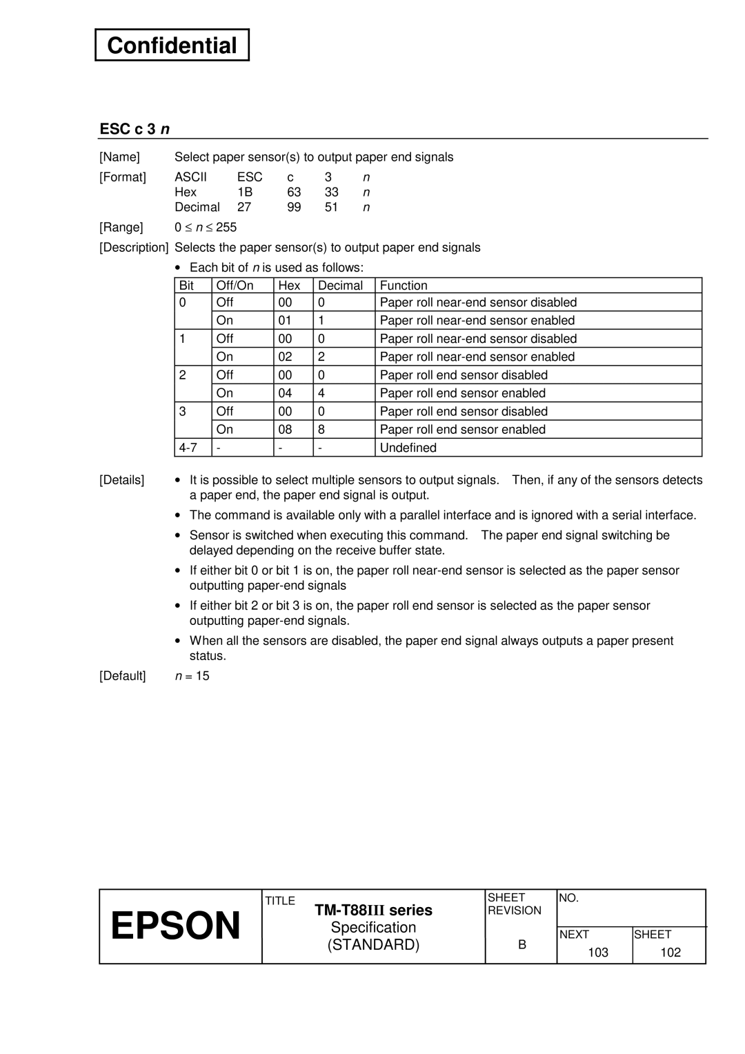 Epson TM-T88III Series specifications ESC c 3 n 