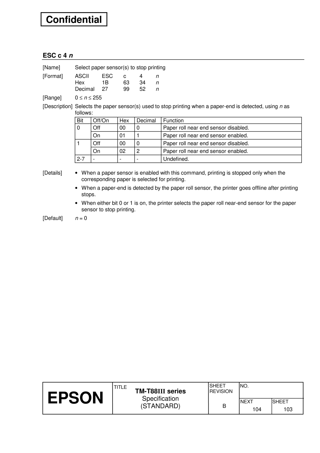 Epson TM-T88III Series specifications ESC c 4 n 