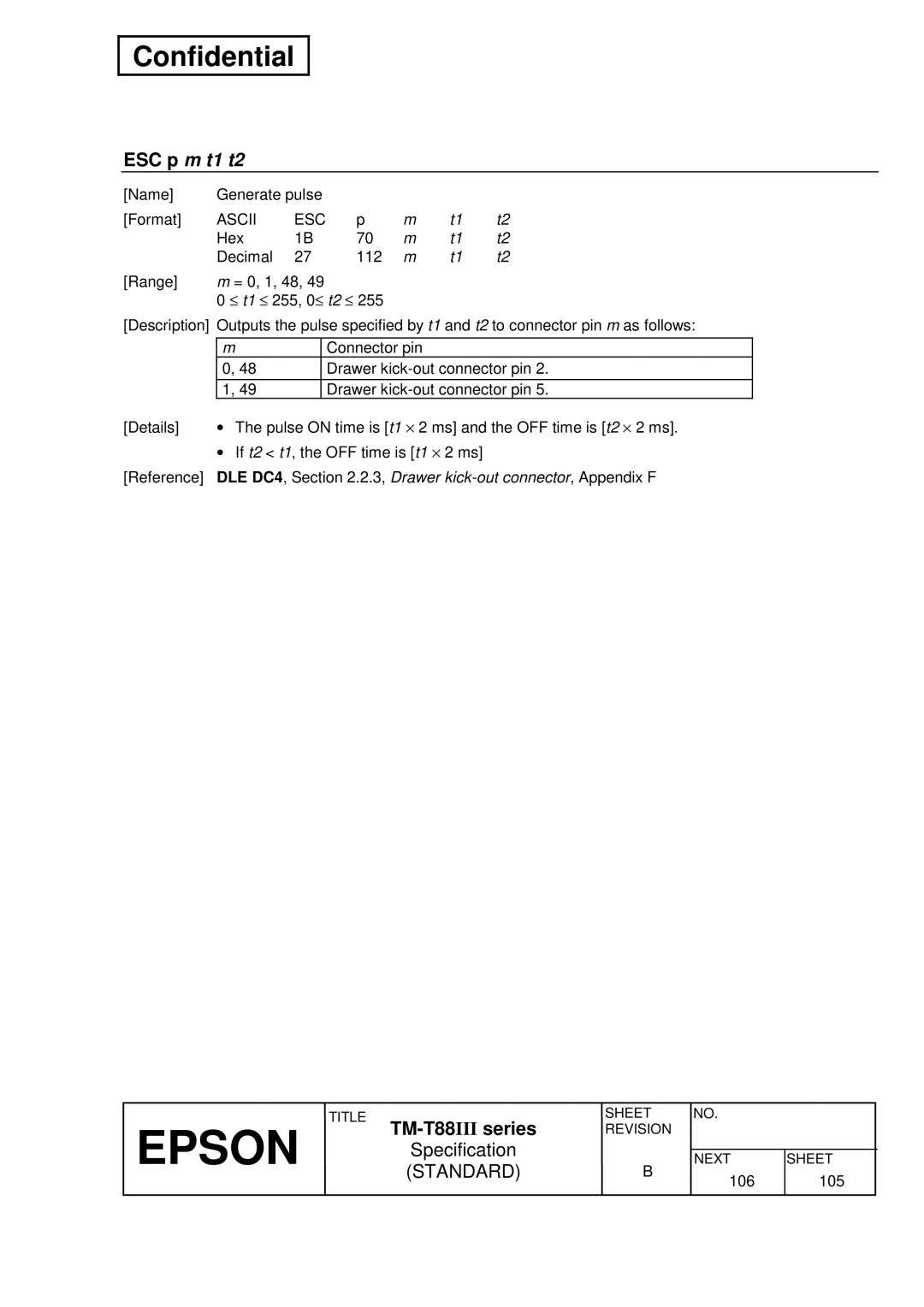 Epson TM-T88III Series specifications ESC p m t1 t2 