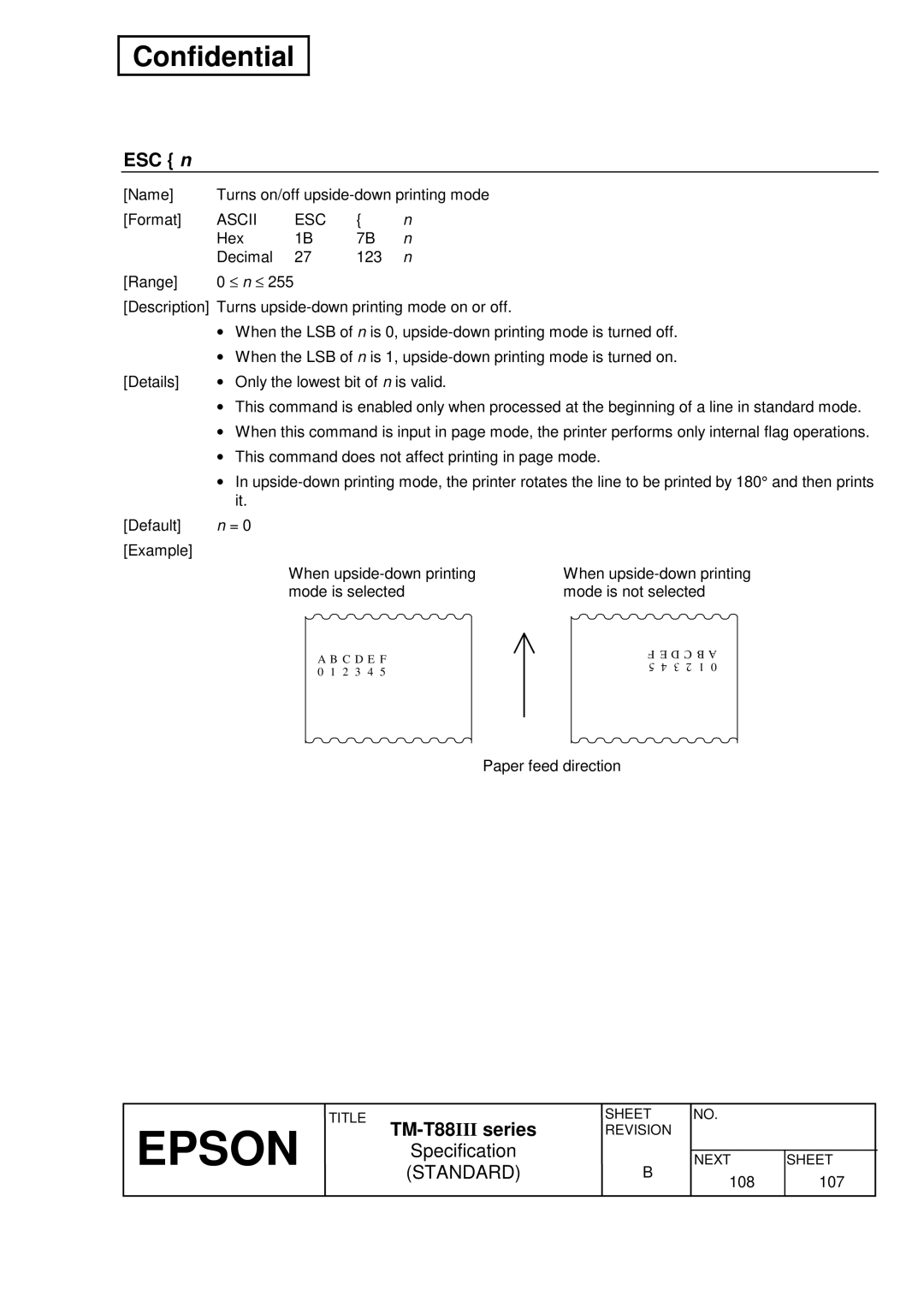 Epson TM-T88III Series specifications Name Turns on/off upside-down printing mode Format 