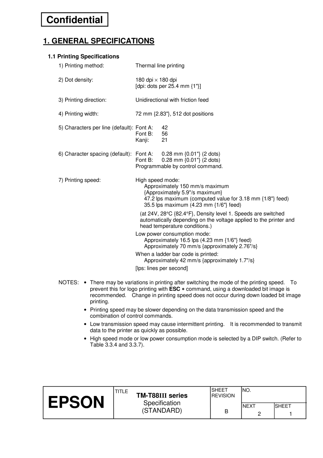 Epson TM-T88III Series specifications General Specifications, Printing Specifications 