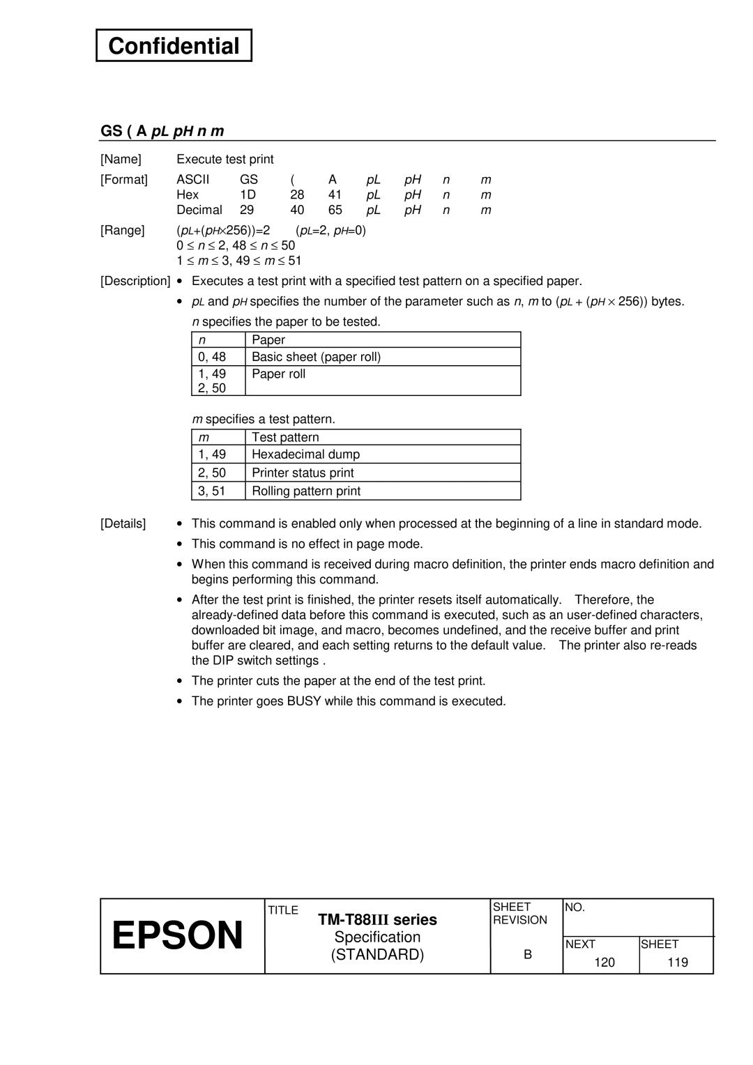 Epson TM-T88III Series specifications GS a pL pH n m 