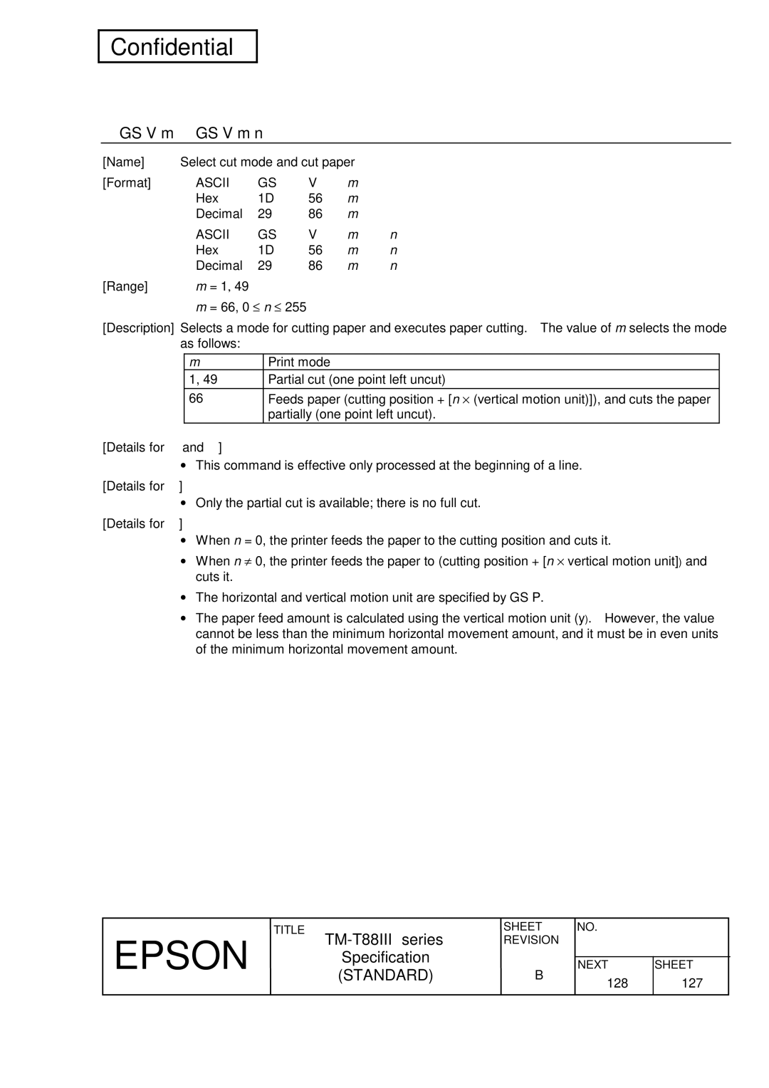 Epson TM-T88III Series specifications ① GS V m ② GS V m n, ① Ascii, ② Ascii 