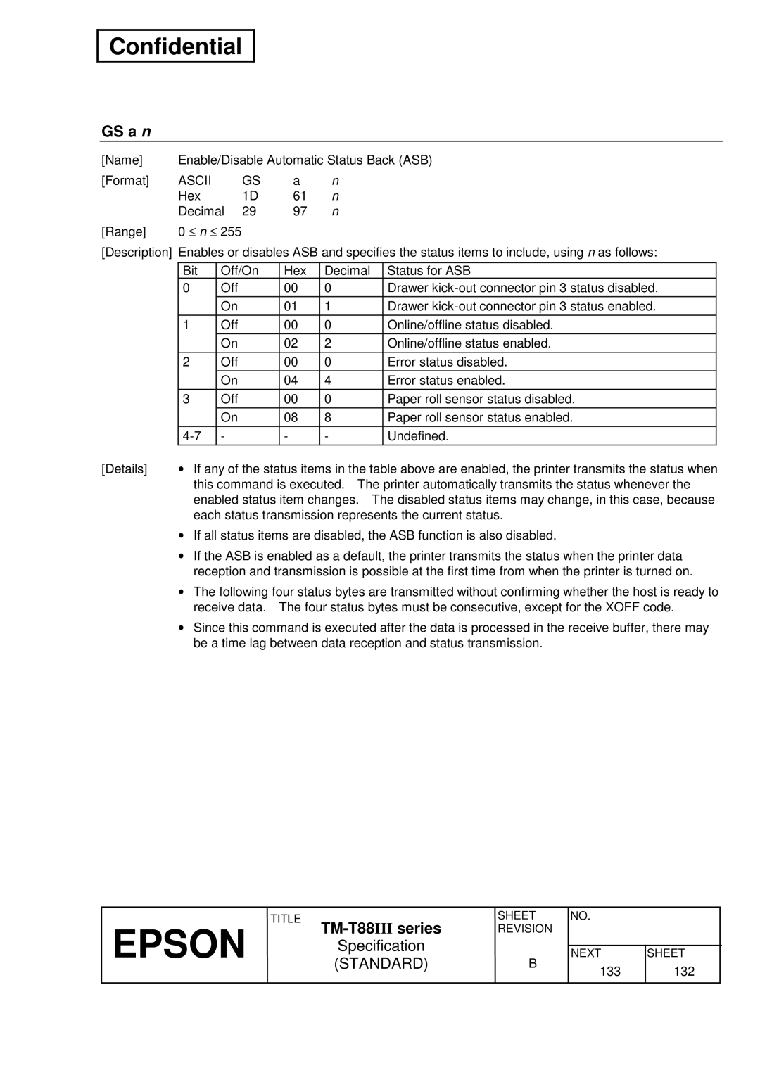 Epson TM-T88III Series specifications GS a n 