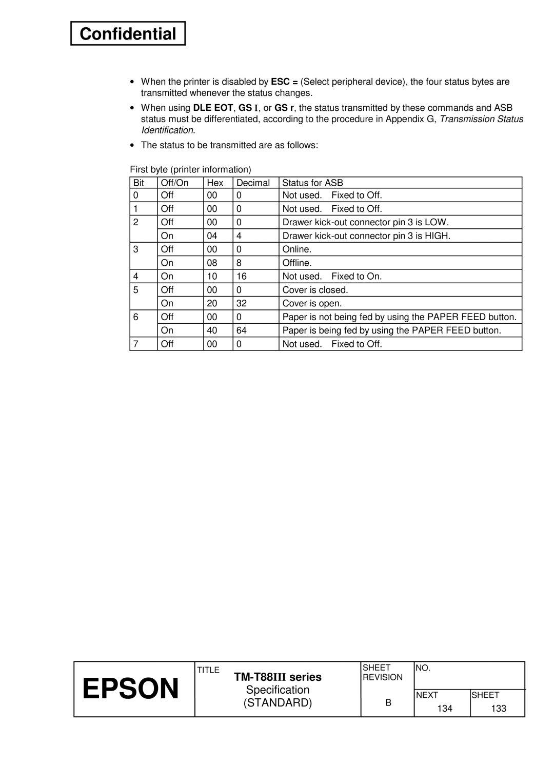 Epson TM-T88III Series specifications 134 133 