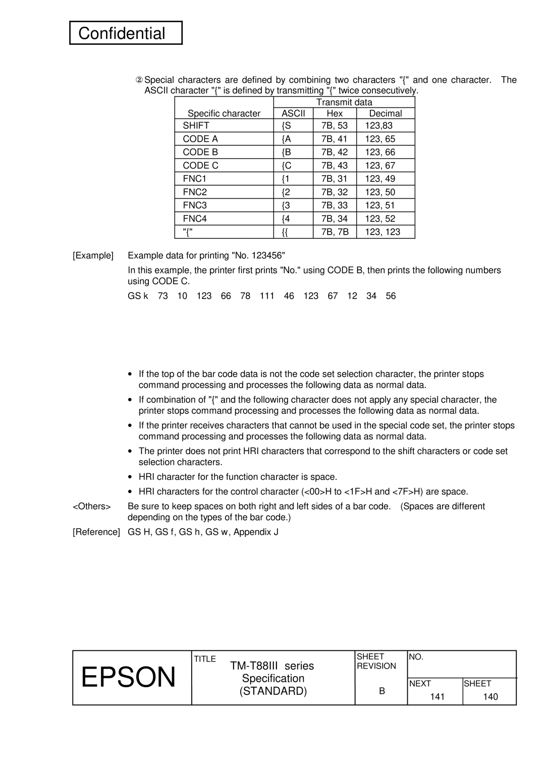 Epson TM-T88III Series specifications Shift, Code a, Code B, Code C, FNC1, FNC2, FNC3, FNC4 