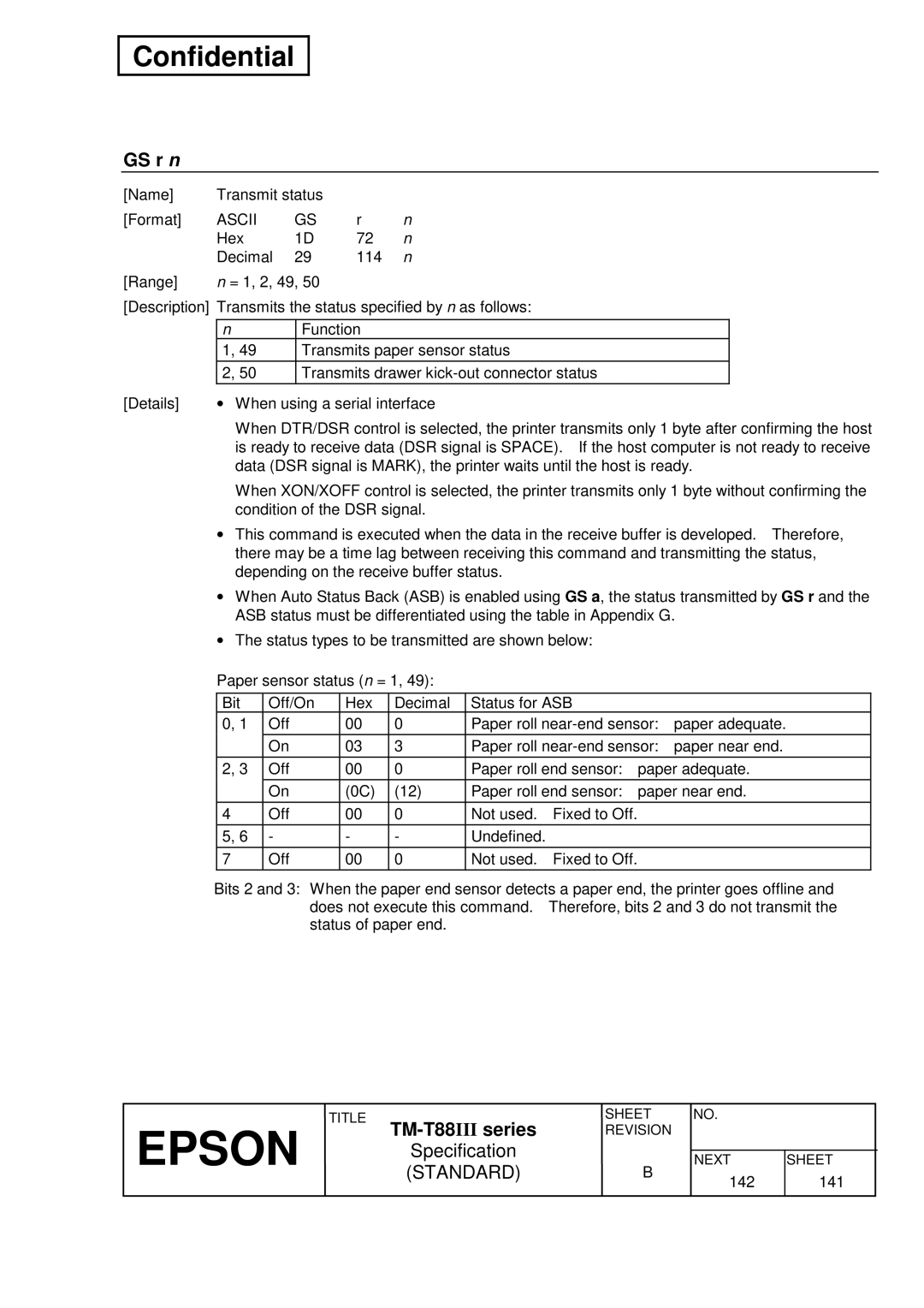 Epson TM-T88III Series specifications GS r n, Transmits drawer kick-out connector status 