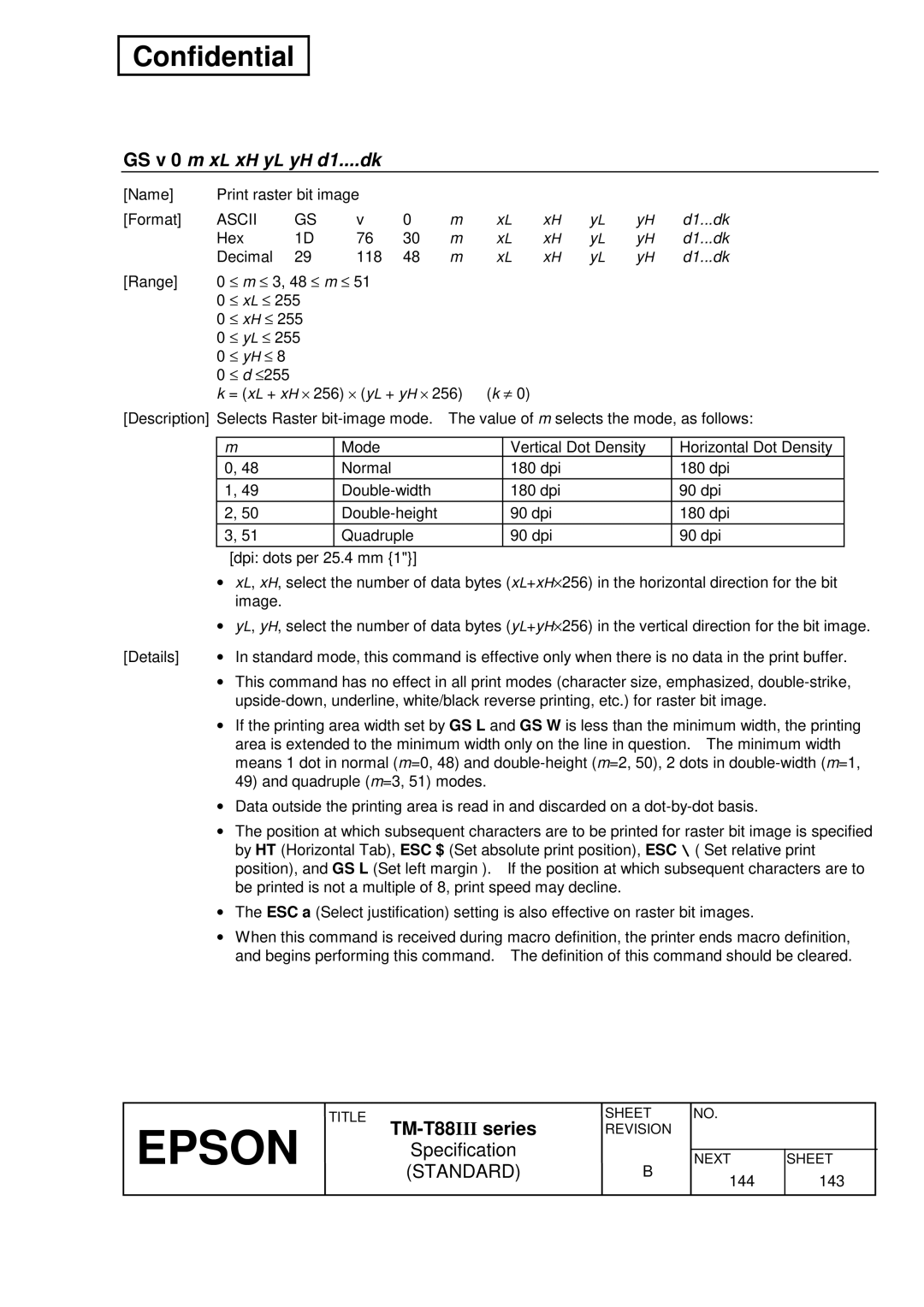 Epson TM-T88III Series specifications GS v 0 m xL xH yL yH d1....dk 