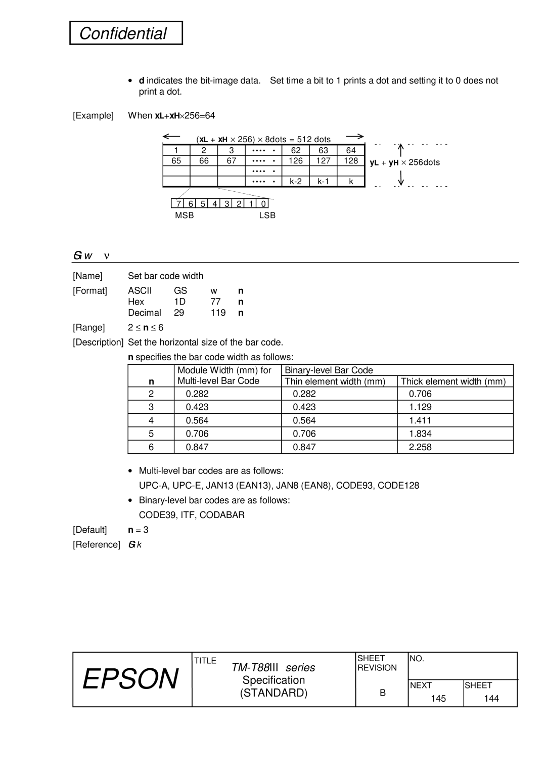 Epson TM-T88III Series specifications GS w n, CODE39, ITF, Codabar 